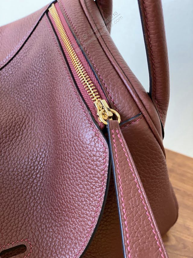 Hermes女包 愛馬仕lindy togo皮 金扣 銀扣 Hermes手提肩背包 酒紅  am1953